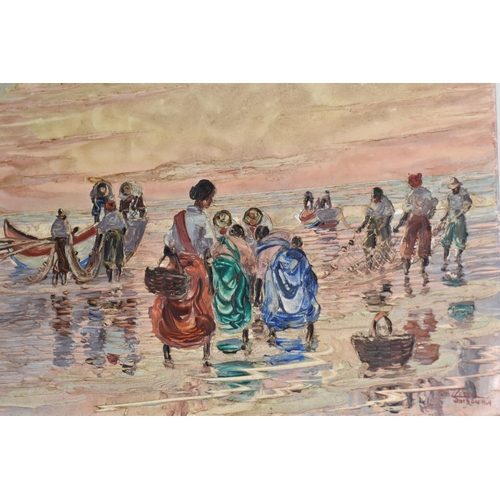 923 - ADELIO ZAGNI ZEELIE (1911-1991) COLLECTING THE CATCH, a South African beach scene with figures colle... 