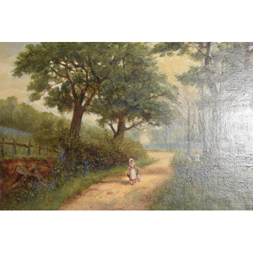 926 - SAMUEL LAWSON BOOTH R.C.A (1836-1928) 'THE BLUEBELL WOODS', a young woman and child are walking alon... 