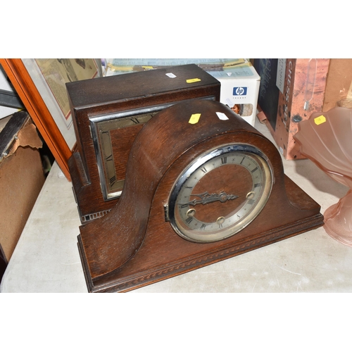 928 - THREE BOXES AND LOOSE MISCELLANEOUS ITEMS to include two mantel clocks comprising an Enfield clock w... 