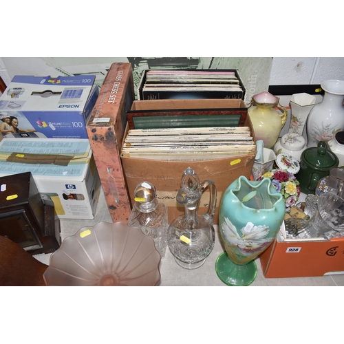 928 - THREE BOXES AND LOOSE MISCELLANEOUS ITEMS to include two mantel clocks comprising an Enfield clock w... 