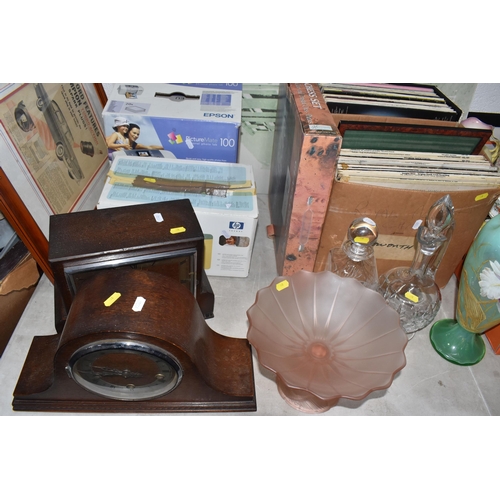 928 - THREE BOXES AND LOOSE MISCELLANEOUS ITEMS to include two mantel clocks comprising an Enfield clock w... 