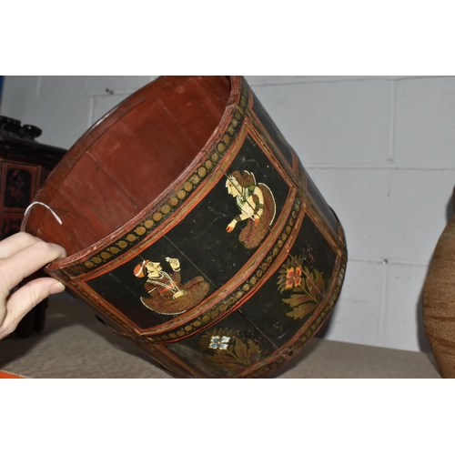 932 - AN INDIAN BUCKET AND A BURMESE COLLAPSIBLE TABLE comprising a metal-bound wooden bucket with Mughal ... 