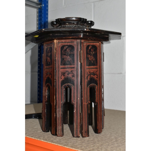 932 - AN INDIAN BUCKET AND A BURMESE COLLAPSIBLE TABLE comprising a metal-bound wooden bucket with Mughal ... 