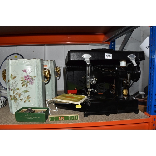 933 - A SINGER MODEL 222K SEWING MACHINE AND TWO VASES to include a cased Singer model '222k' sewing machi... 