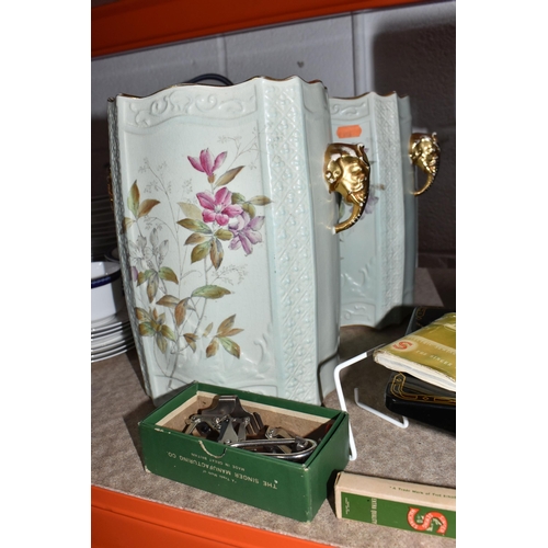 933 - A SINGER MODEL 222K SEWING MACHINE AND TWO VASES to include a cased Singer model '222k' sewing machi... 