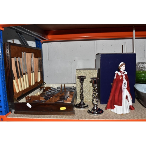 936 - A BOXED ROYAL WORCESTER 'QUEEN ELIZABETH II,' TWO COMMEMORATIVE CANDLESTICKS, AND VINTAGE CUTLERY  c... 