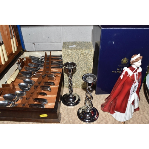 936 - A BOXED ROYAL WORCESTER 'QUEEN ELIZABETH II,' TWO COMMEMORATIVE CANDLESTICKS, AND VINTAGE CUTLERY  c... 