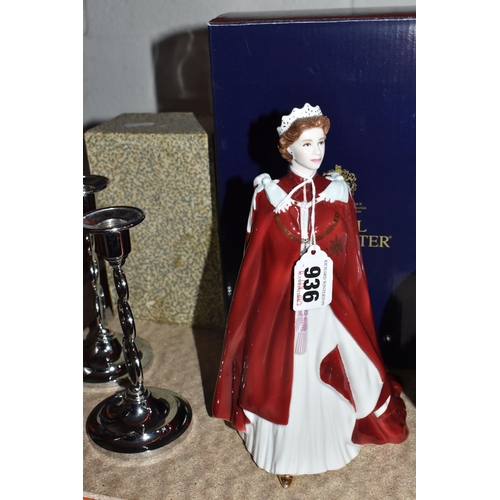 936 - A BOXED ROYAL WORCESTER 'QUEEN ELIZABETH II,' TWO COMMEMORATIVE CANDLESTICKS, AND VINTAGE CUTLERY  c... 