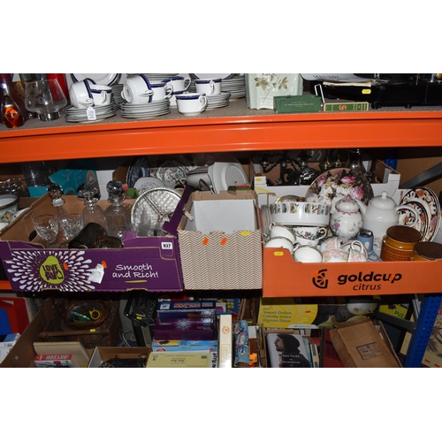 937 - FIVE BOXES OF GLASS, METALWARES, CERAMICS AND A LOOSE PICTURE to include two Hornsea 'Saffron' tea a... 