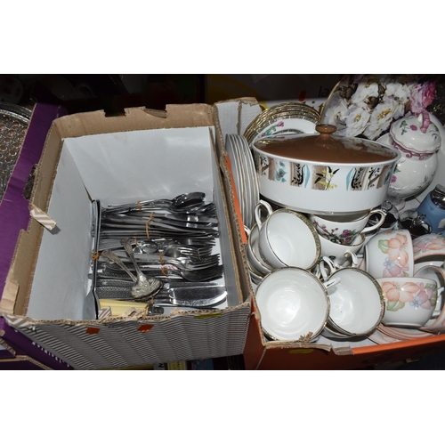 937 - FIVE BOXES OF GLASS, METALWARES, CERAMICS AND A LOOSE PICTURE to include two Hornsea 'Saffron' tea a... 