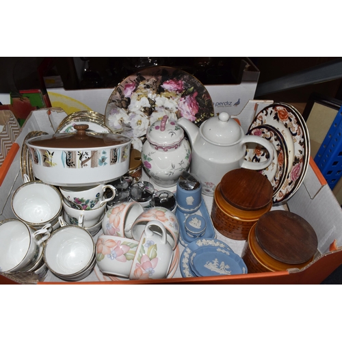 937 - FIVE BOXES OF GLASS, METALWARES, CERAMICS AND A LOOSE PICTURE to include two Hornsea 'Saffron' tea a... 