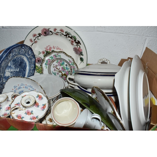 937 - FIVE BOXES OF GLASS, METALWARES, CERAMICS AND A LOOSE PICTURE to include two Hornsea 'Saffron' tea a... 