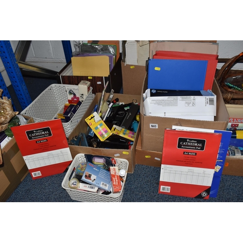 941 - FIVE BOXES AND LOOSE ASSORTED OFFICE SUPPLIES to include ring binders, various paper types, assorted... 