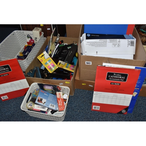 941 - FIVE BOXES AND LOOSE ASSORTED OFFICE SUPPLIES to include ring binders, various paper types, assorted... 