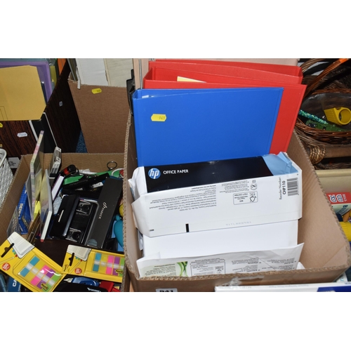 941 - FIVE BOXES AND LOOSE ASSORTED OFFICE SUPPLIES to include ring binders, various paper types, assorted... 