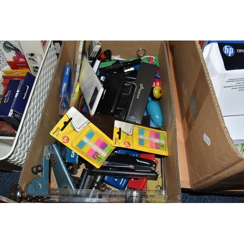 941 - FIVE BOXES AND LOOSE ASSORTED OFFICE SUPPLIES to include ring binders, various paper types, assorted... 