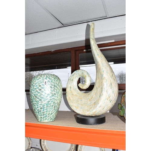 943 - TWO MODERN DECORATIVE ITEMS, comprising a curved mosaic sculpture, approximate height 75cm together ... 