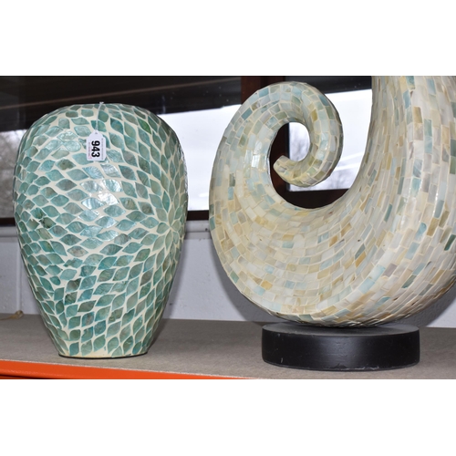 943 - TWO MODERN DECORATIVE ITEMS, comprising a curved mosaic sculpture, approximate height 75cm together ... 