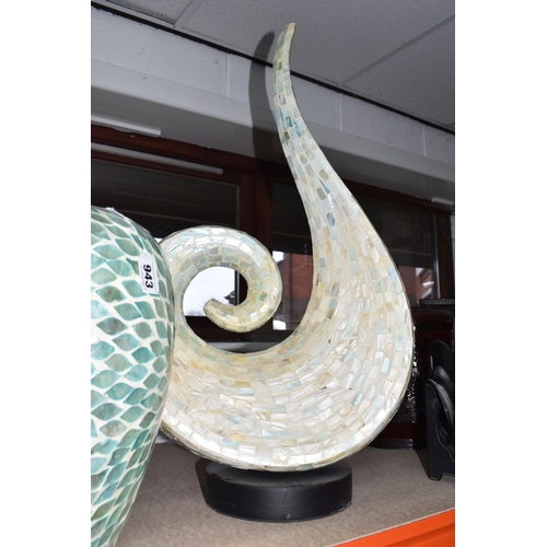 943 - TWO MODERN DECORATIVE ITEMS, comprising a curved mosaic sculpture, approximate height 75cm together ... 