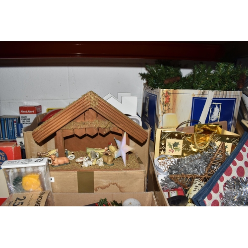 948 - SEVEN BOXES AND LOOSE CHRISTMAS DECORATIONS AND SUNDRY ITEMS, to include a boxed Nativity scene, gar... 