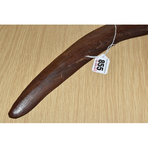 855 - AN EARLY 20TH CENTURY ABORIGINAL BOOMERANG, hand-carved wooden boomerang, human and animal footprint... 