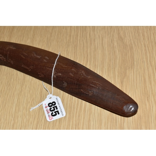 855 - AN EARLY 20TH CENTURY ABORIGINAL BOOMERANG, hand-carved wooden boomerang, human and animal footprint... 