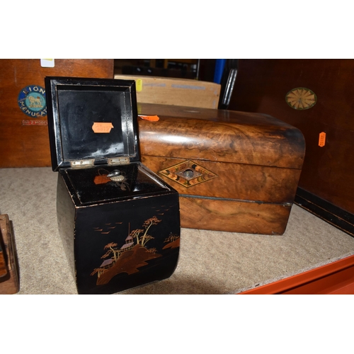 974 - A COLLECTION OF VICTORIAN WOODEN BOXES, comprising a black lacquered tea caddy decorated with a trad... 