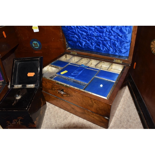 974 - A COLLECTION OF VICTORIAN WOODEN BOXES, comprising a black lacquered tea caddy decorated with a trad... 