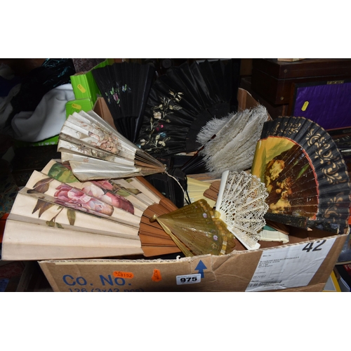 975 - A BOX CONTAINING A LARGE COLLECTION OF 19TH AND 20TH CENTURY FANS, approximately fifty two fans, com... 