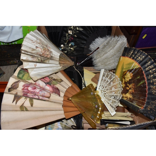 975 - A BOX CONTAINING A LARGE COLLECTION OF 19TH AND 20TH CENTURY FANS, approximately fifty two fans, com... 