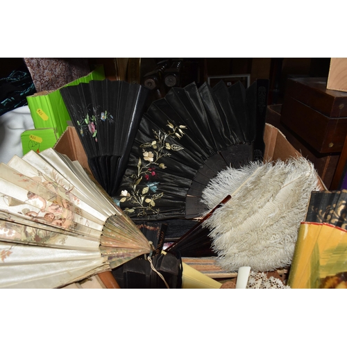 975 - A BOX CONTAINING A LARGE COLLECTION OF 19TH AND 20TH CENTURY FANS, approximately fifty two fans, com... 