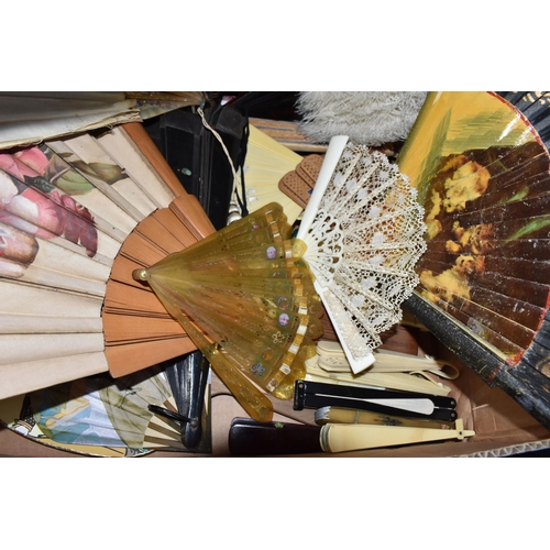 975 - A BOX CONTAINING A LARGE COLLECTION OF 19TH AND 20TH CENTURY FANS, approximately fifty two fans, com... 