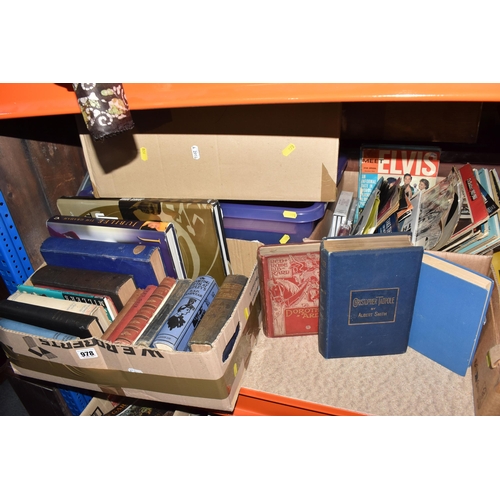 978 - FOUR BOXES OF BOOKS, LPS AND SINGLE RECORDS, to include The Fifth Holiday Book by Enid Blyton, a col... 