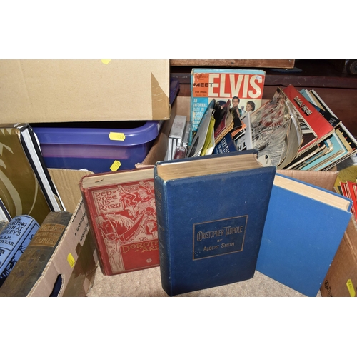 978 - FOUR BOXES OF BOOKS, LPS AND SINGLE RECORDS, to include The Fifth Holiday Book by Enid Blyton, a col... 