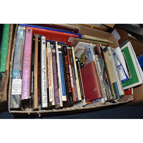 979 - SIX BOXES OF BOOKS, over one hundred books, subjects include gardening, wood turning, woodwork, dres... 