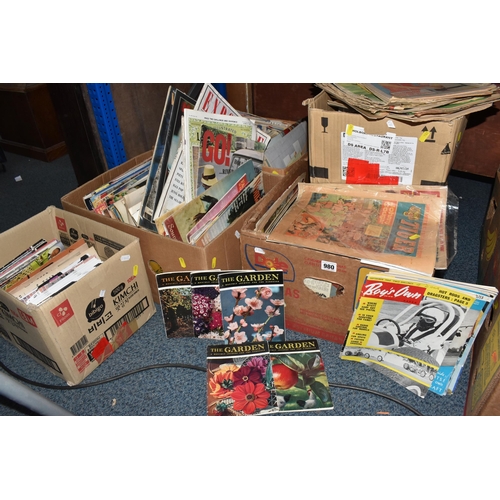 980 - FIVE BOXES OF VINTAGE MAGAZINES, COMICS AND PAPERBACK BOOKS, to include seven Marshall Grover 'Larry... 