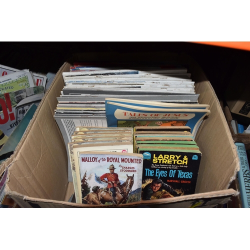 980 - FIVE BOXES OF VINTAGE MAGAZINES, COMICS AND PAPERBACK BOOKS, to include seven Marshall Grover 'Larry... 