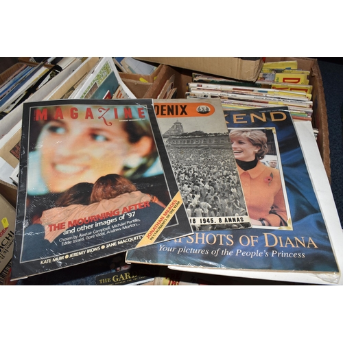 980 - FIVE BOXES OF VINTAGE MAGAZINES, COMICS AND PAPERBACK BOOKS, to include seven Marshall Grover 'Larry... 