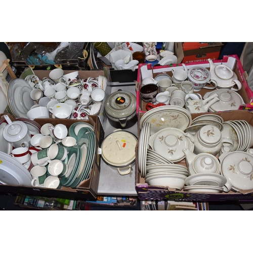 981 - FOUR BOXES OF DINNERWARE, to include a quantity of Royal Doulton 'Sandsprite' pattern dinnerware, Ay... 