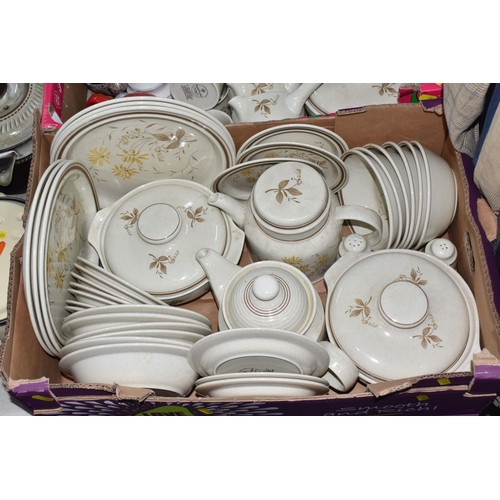 981 - FOUR BOXES OF DINNERWARE, to include a quantity of Royal Doulton 'Sandsprite' pattern dinnerware, Ay... 