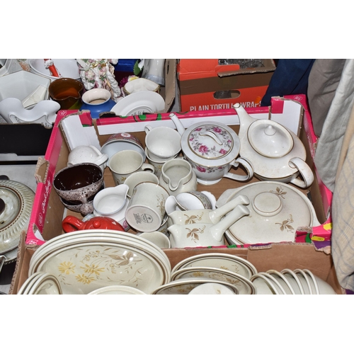 981 - FOUR BOXES OF DINNERWARE, to include a quantity of Royal Doulton 'Sandsprite' pattern dinnerware, Ay... 