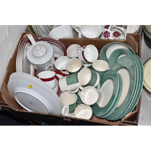 981 - FOUR BOXES OF DINNERWARE, to include a quantity of Royal Doulton 'Sandsprite' pattern dinnerware, Ay... 