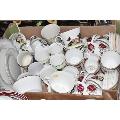 981 - FOUR BOXES OF DINNERWARE, to include a quantity of Royal Doulton 'Sandsprite' pattern dinnerware, Ay... 