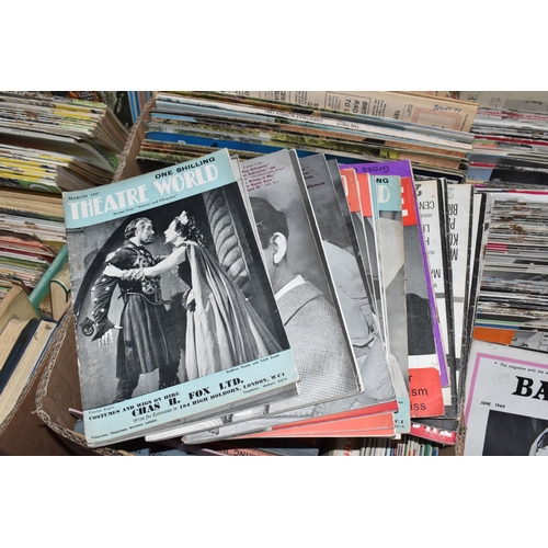 988 - FIVE BOXES OF VINTAGE MAGAZINES to include a large quantity of theatre magazines from the 1950s and ... 