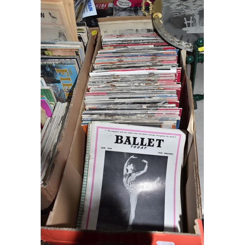 988 - FIVE BOXES OF VINTAGE MAGAZINES to include a large quantity of theatre magazines from the 1950s and ... 