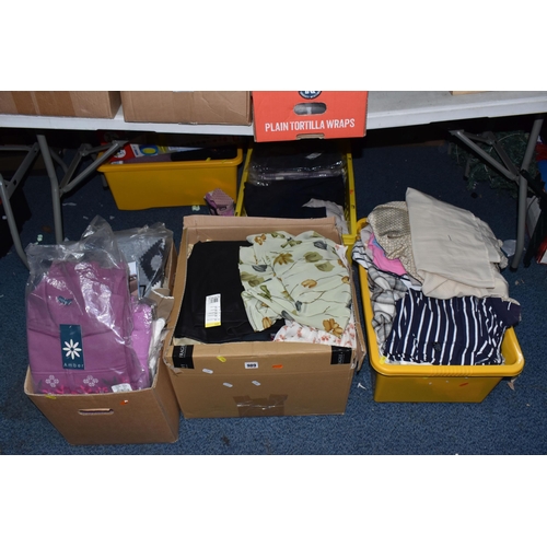 989 - SIX BOXES OF WOMEN'S CLOTHES to include a variety of high street clothes comprising unopened jumpers... 