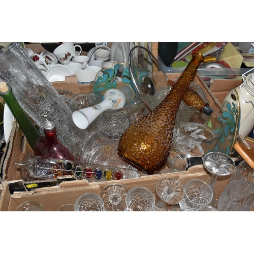 990 - SIX BOXES OF GLASSWARE, CERAMICS, AND ORNAMENTS, to include an Empoli-style amber glass genie bottle... 