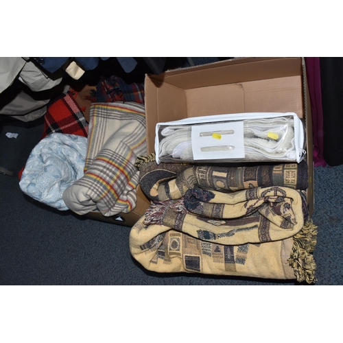 992 - TWO BOXES AND LOOSE CLOTHING, BLANKETS AND BEDDING, to include four vintage woollen blankets, a pale... 