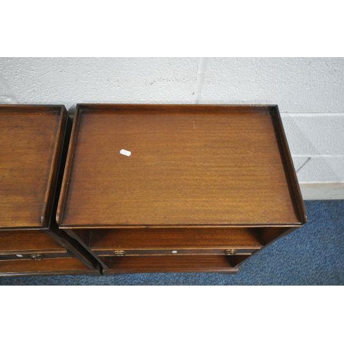 147 - A PAIR OF REPRODUX BEVAN FUNNELL MAHOGANY BEDSIDE CABINETS, with raised back and sides, fitted with ... 