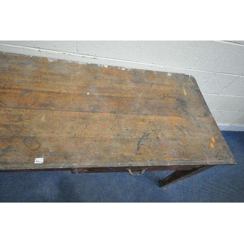 149 - AN EARLY 20TH CENTURY OAK TABLE, with a sloped top, two frieze drawers, raised on square tapered leg... 